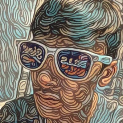 Stylized portrait of Jordan wearing sunglasses, created with a swirling, abstract filter effect that resembles painted brush strokes. The sunglasses reflect the word 'Vibes' in a bold, colorful font.